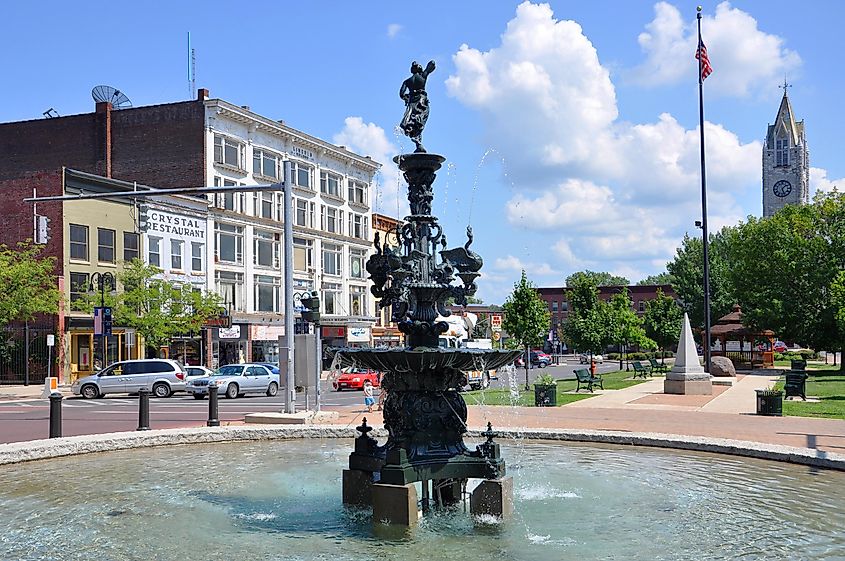 Historic fountain in Public Square in downtown Watertown, Upstate New York