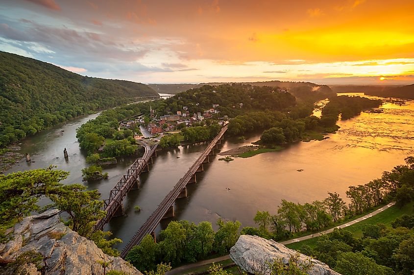 Sunset view of Harpers Ferry National Historic Park from Maryland Heights Overlook.