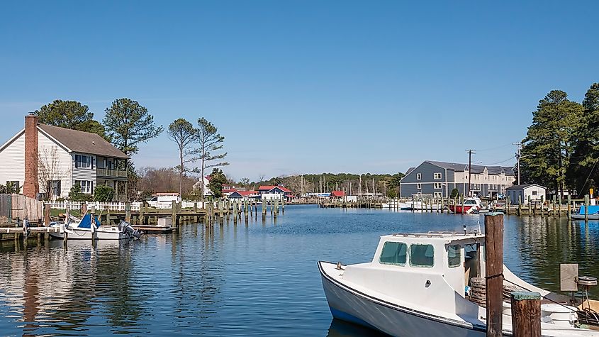Part of St. Michaels Harbor in historic Saint Michaels, Maryland, during spring. 