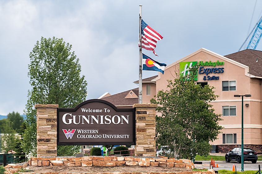 Welcome to Gunnison sign at Gunnison, Colorado.
