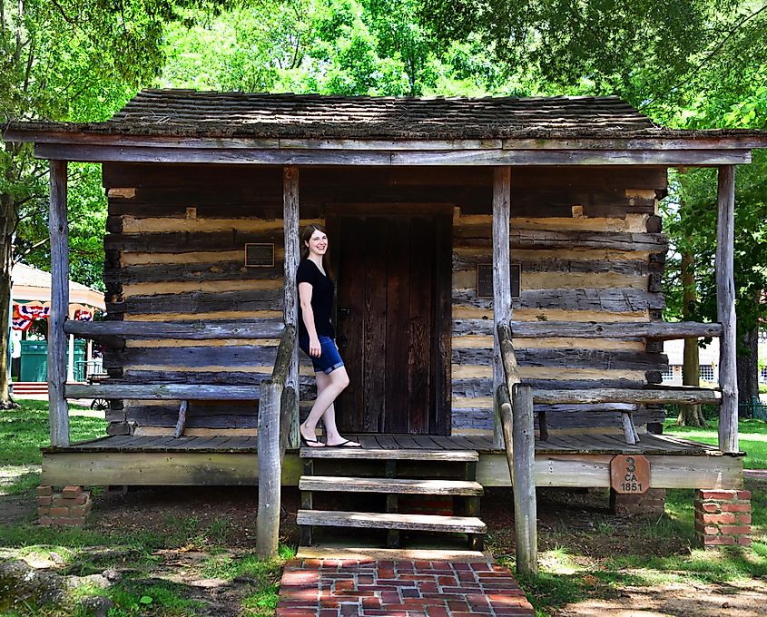 Log cabin is located on the square in Collierville, Tennessee. 