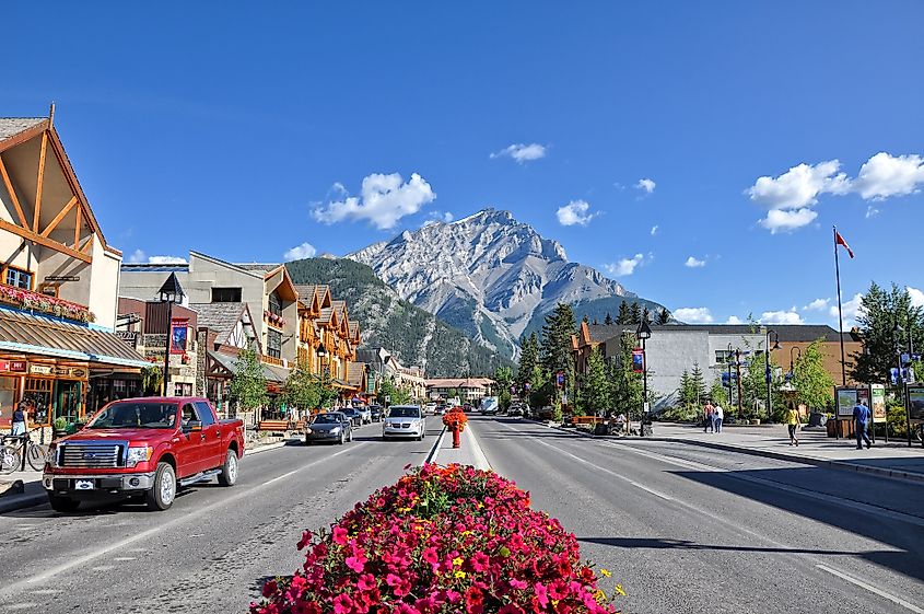 The famous Banff Avenue on a sunny summer day in Banff, Alberta.