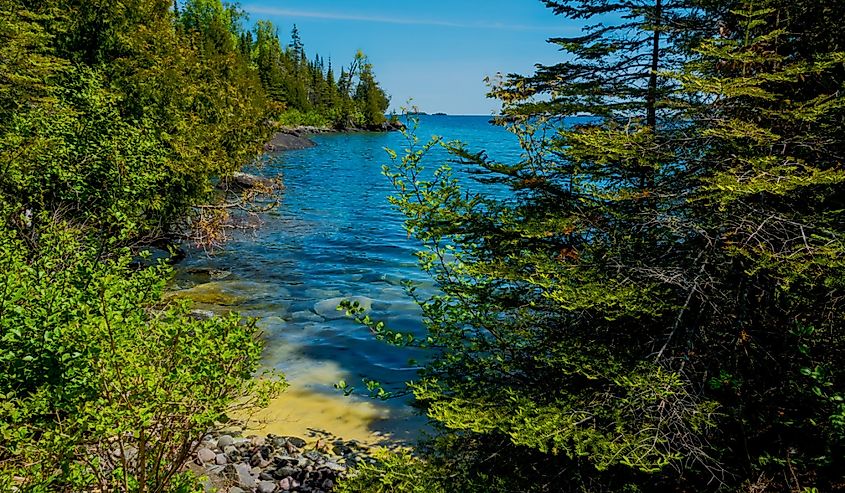 This is a view from an inlet of the main island of Isle Royale National Park in Lake Superior off Copper Harbor, Michigan.