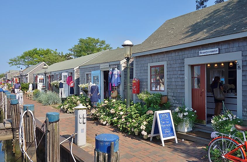 Traditional New England buildings and stores on Nantucket Island in Massachusetts