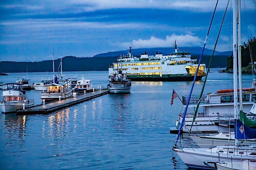Washington State Ferry and boats moored at Friday Harbor, San Juan Island, Washington