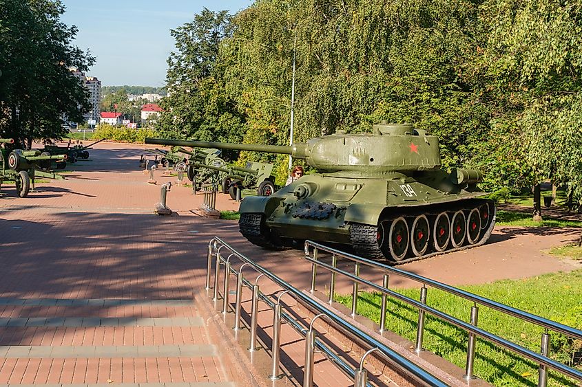 Vitebsk, Belarus, September 9, 2023. Soviet T-34 tank in the city park