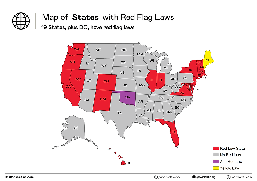 A map of the United States depicting which states have a red flag law.
