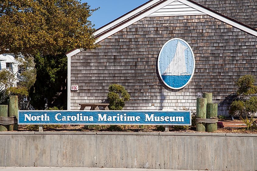 North Carolina Maritime Museum sign in Beaufort,. North Carolina. Editorial credit: karenfoleyphotography / Shutterstock.com