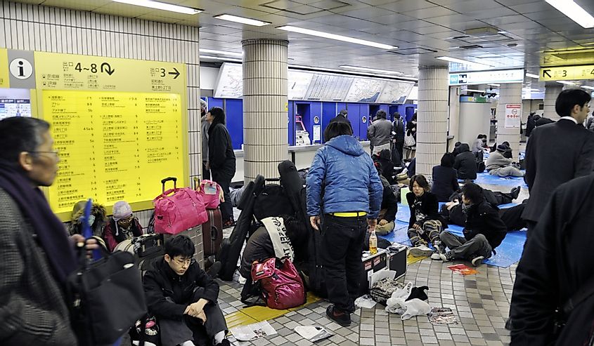 People spending the night in the subway on March 11, 2011 in Tokyo, Japan. Millions of people can't get home as all trains and subway trains have stopped because of the earthquake.
