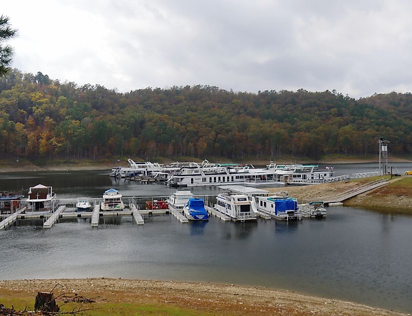 Boats and yachts docked at the Beavers Bend State Park marina, one of the attractions at Broken Bow Lake in Oklahoma.