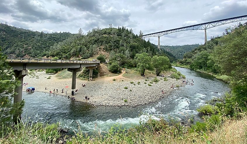 Wide view of the famous Forest Hill bridge and the American River, Auburn, California.