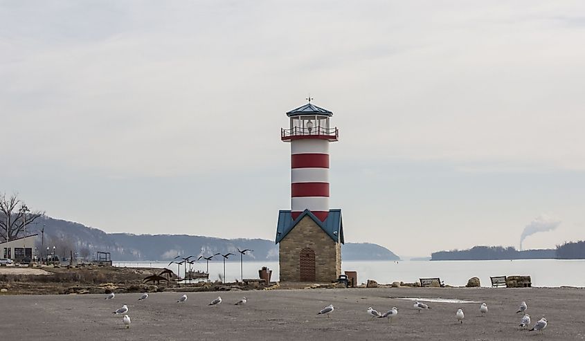 Port of Grafton Illinois, lighthouse and seagulls in the parking lot.