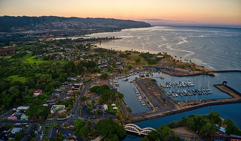 Aerial view of the Hawaiian village of Haleiwa at sunrise.