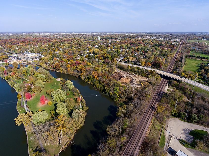 Aerial view of Island Park in Geneva, Illinois.