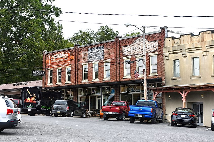 In Lynchburg, Tennessee, USA, there's a drug store, Lynchburg Hardware and General Store, Jack Daniels, and Barrel shop in the traditional commercial block close to the Jack Daniels Distillery.