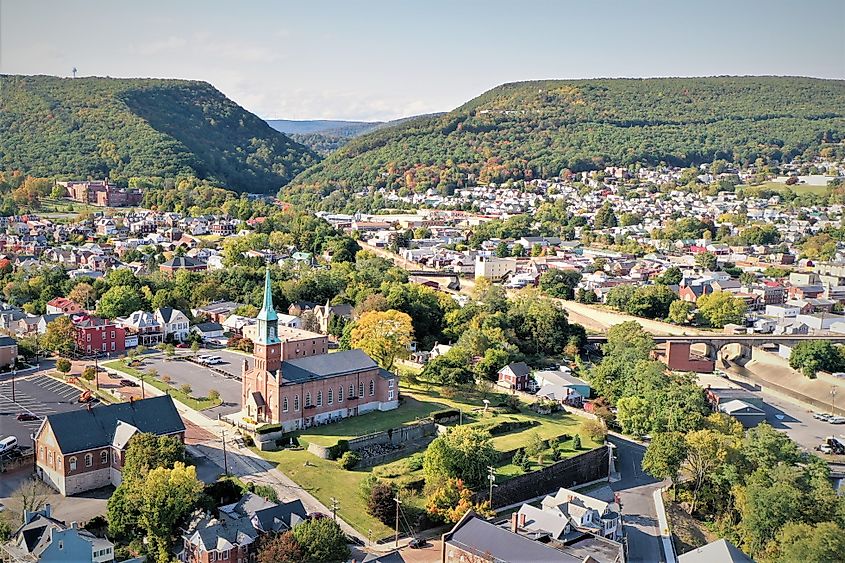 View of a church and town in Cumberland, Maryland.