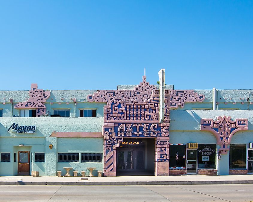 Historic Aztec Hotel on Route 66 near Monrovia, California, USA.