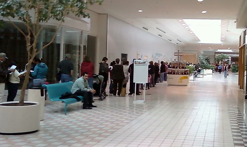 2,500 people line up in a mall in Texas City, Texas to receive a dose of the H1N1/Swine Flu vaccine from the Galveston County Health Department