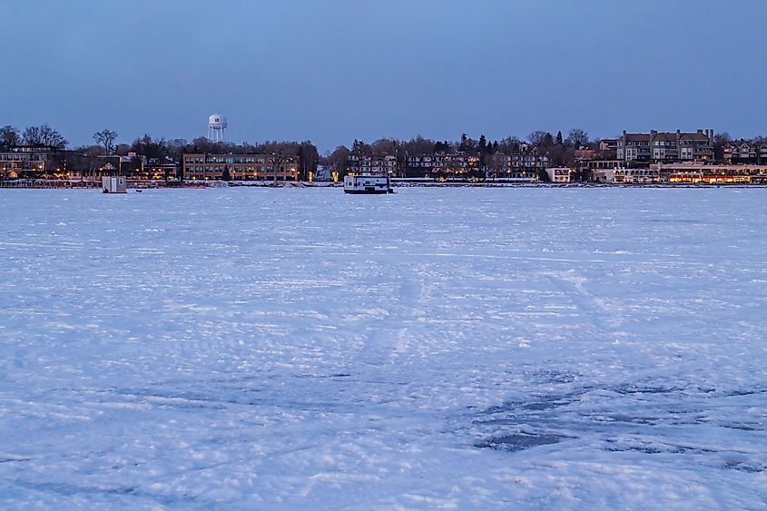The Suburban Wayzata, Minnesota Downtown Skyline as seen from the Frozen Wayzata Bay on Lake Minnetonka. Editorial credit: Sam Wagner / Shutterstock.com