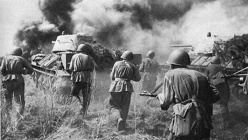 Soviet troops of the Voronezh Front counterattacking behind T-34 tanks at Prokhorovka during the Battle of Kursk