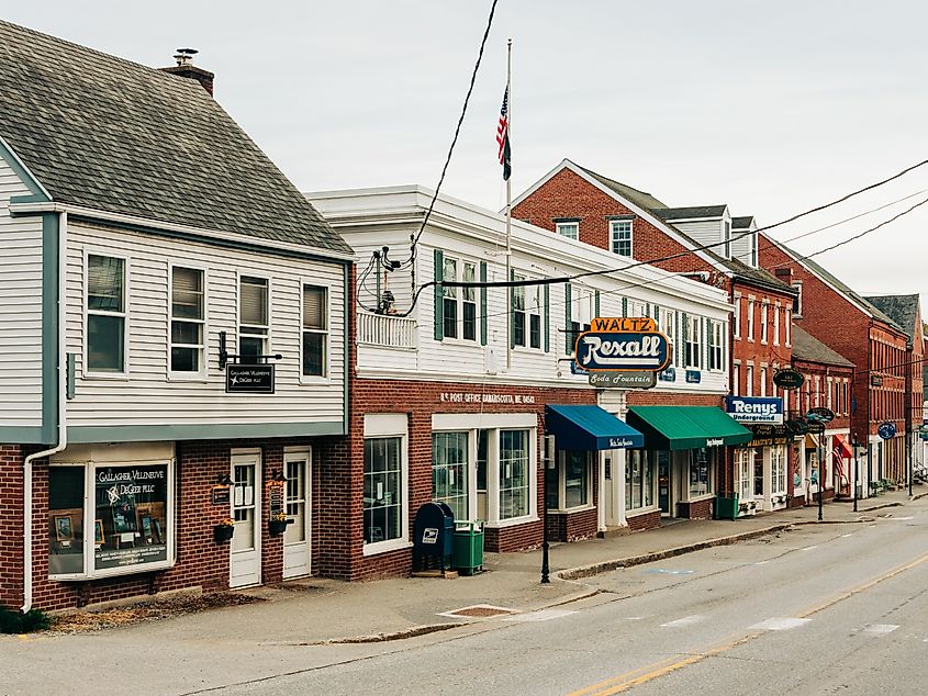Buildings on Main Street in downtown Damariscotta, Maine.