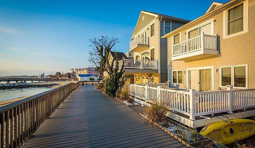 Waterfront houses and boardwalk, in North Beach, Maryland.