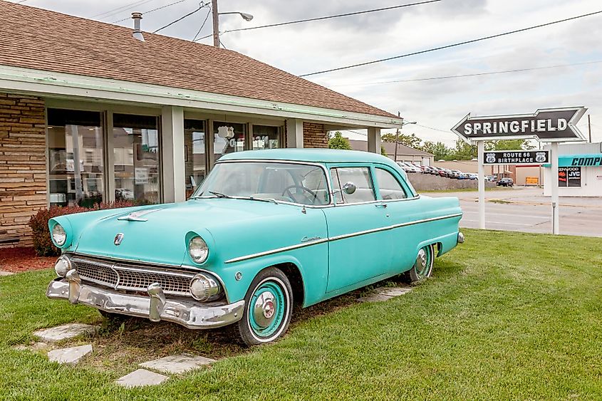 Classic Ford car displayed at a motel in Springfield, Missouri