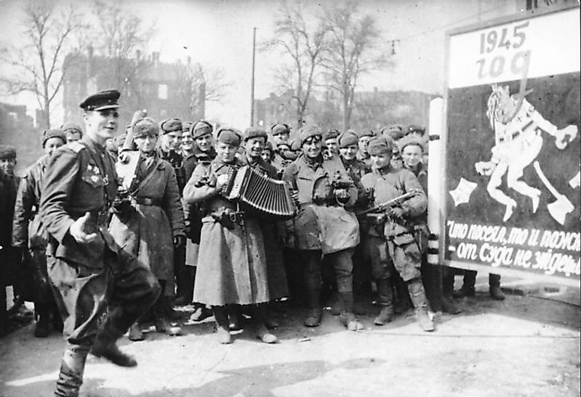 Red Army soldiers celebrating the capture of Berlin, May 1945