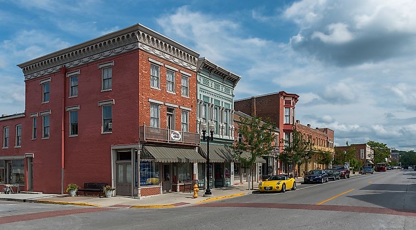 Buildings along the North Main Street Historic District in Hannibal, Missouri.