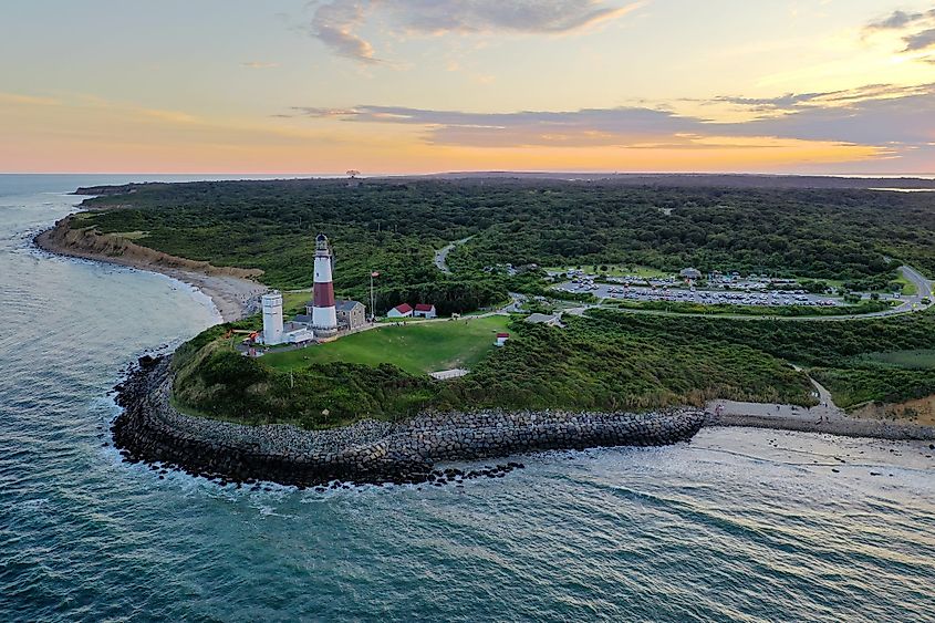 Aerial view over Long Island with Montauk Point Lighthouse