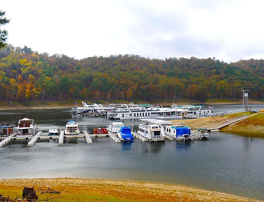 Boats and yachts docked at the Beavers Bend State Park marina, one of the attractions at the Broken Bow Lake in Oklahoma.