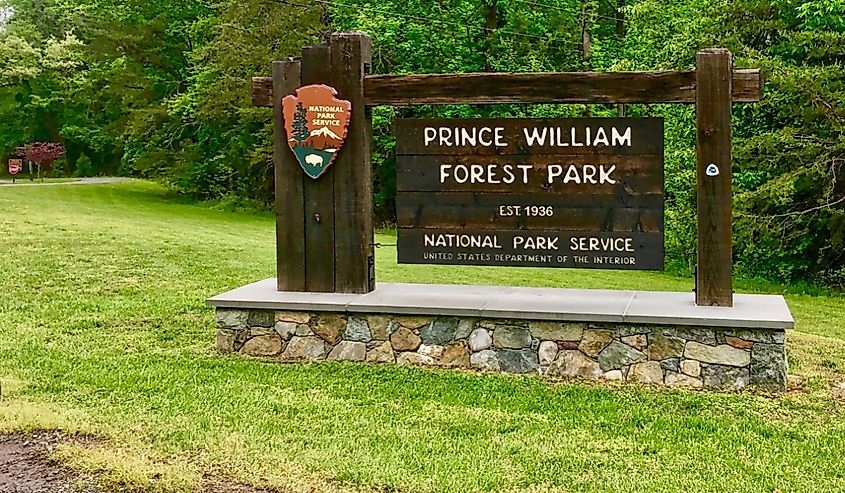 Sign at the main entrance to historic Prince William Forest Park