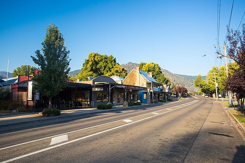 The country town of Bright early on a cool autumn morning along the Great Alpine Rd in Victoria, Australia