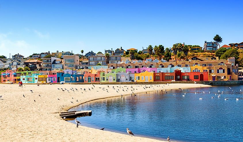 Colorful residential neighborhood in Capitola Venetian Court on the California coast.