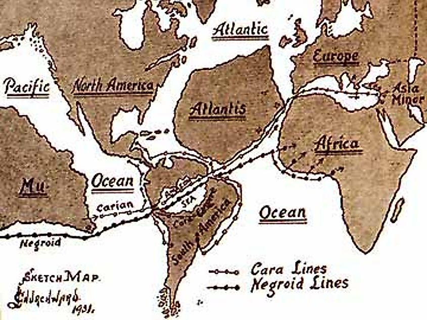 Churchward's map showing how he thought Mu refugees spread out after the cataclysm through South America, along the shores of Atlantis and into Africa.
