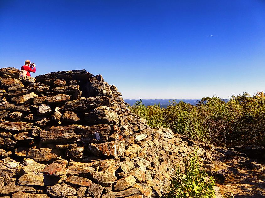 A pyramidal stone tower on Bear Mountain lies within the town of Salisbury, Connecticut