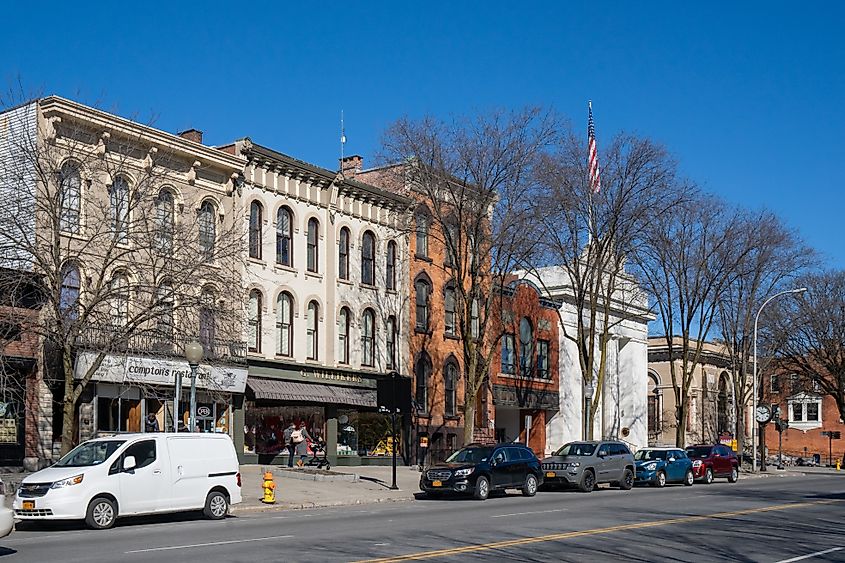 A landscape view of downtown Saratoga Springs shopping district on Broadway in Saratoga Springs, New York, USA.