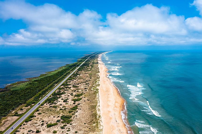 Aerial view of Hatteras Island looking North with Route 12 in North Carolina.