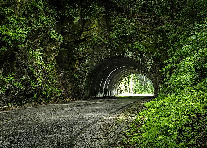 Smoky Mountain Road. Road winds through a tunnel on the Newfound Gap Road in the Great Smoky Mountains National Park.