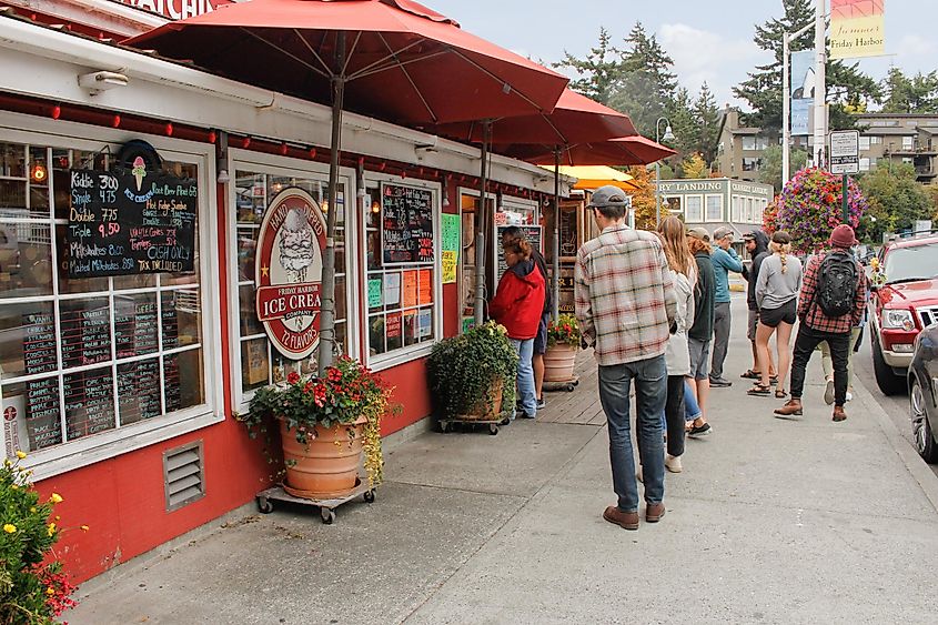 Friday Harbor, Washington, United States: A view of a line of hungry customers waiting to order at Friday Harbor Ice Cream Company. Editorial credit: The Image Party / Shutterstock.com