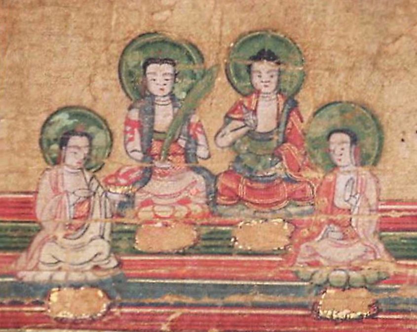 Manichaean Diagram of the Universe featuring the four primary prophets of Manichaeism: Mani, Zoroaster, Buddha, and Jesus. Source: Zsuzsanna Gulácsi’s "Mani’s Pictures: The Didactic Images of the Manichaeans from Sasanian Mesopotamia to Uygur Central Asia and Tang-Ming China," p. 368.