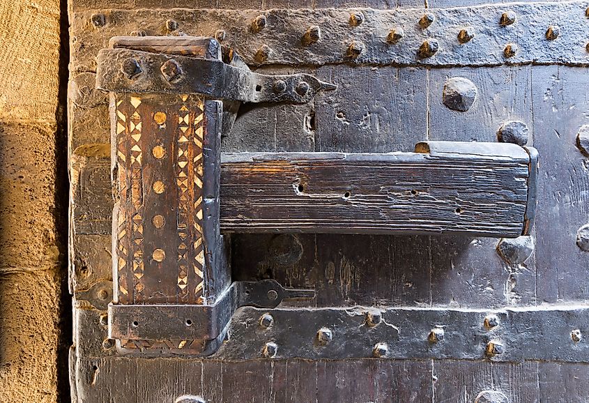 Wooden latch of a wooden ancient gate in Cairo, Egypt.