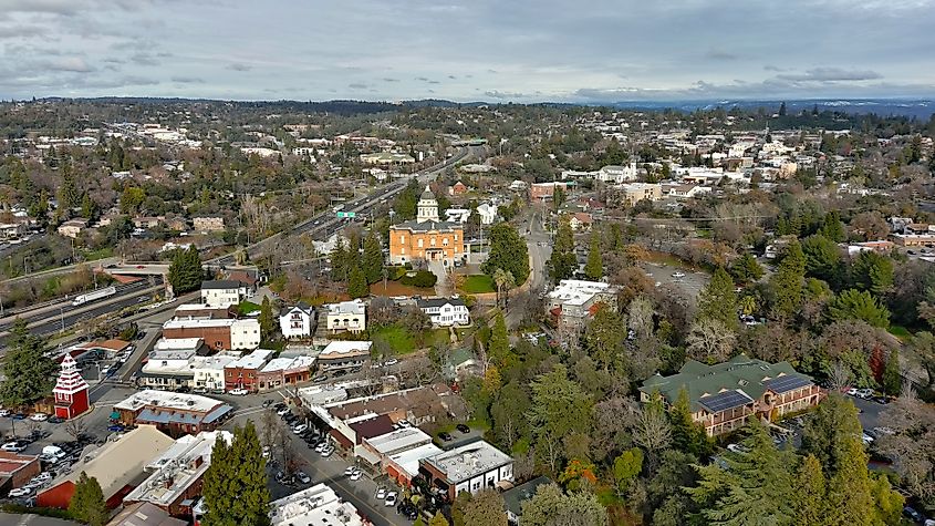 Downtown Old Auburn California with view of the Sierra Nevada Mountains.