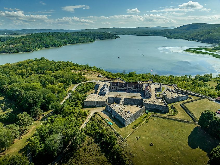Aerial view of Fort Ticonderoga on Lake George, upstate New York. Revolutionary War-era fort with bastions, demi-lune, ravelin, covered way, and glacis.