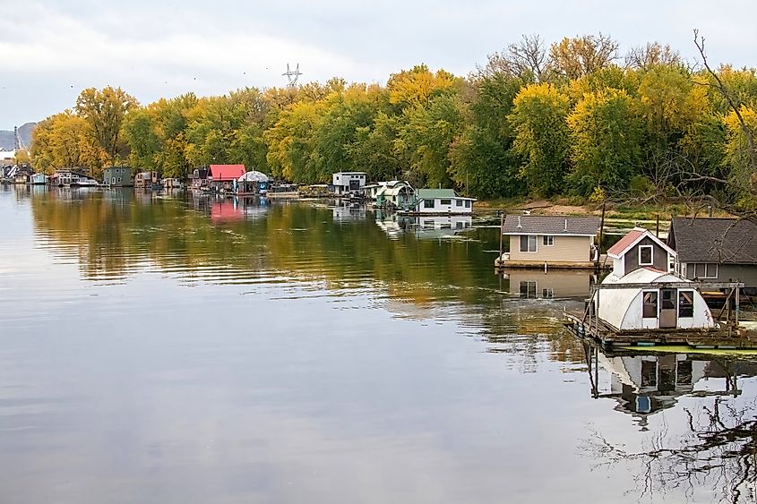 Houseboats along the waterfront in Winona, Minnesota.