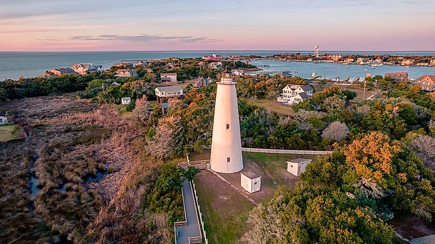 Ocracoke Lighthouse on Ocracoke, North Carolina, at sunset