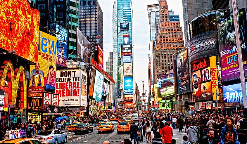 Times Square, featured with Broadway Theaters and animated LED signs, is a symbol of New York City and the United States