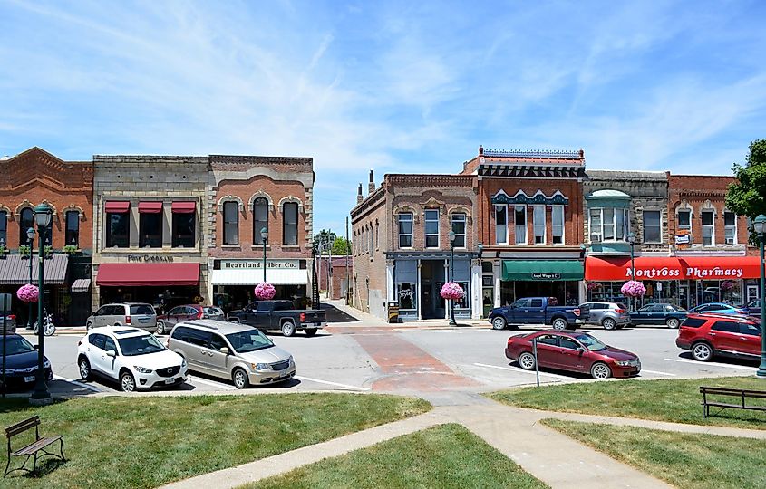 A view of downtown Winterset, Iowa, taken from the courthouse square.