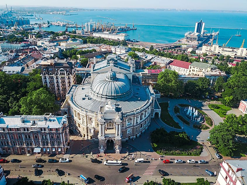 Aerial view of the Odessa Opera and Ballet Theatre in Odessa, Ukraine