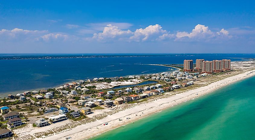 Aerial view of Pensacola Beach coastline, Florida.